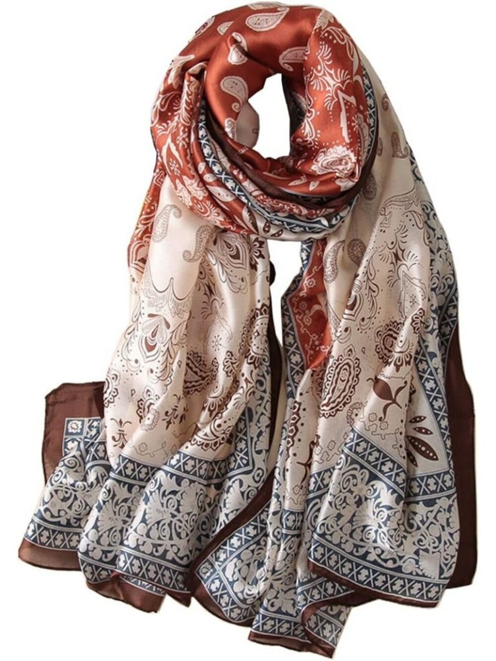 Women's Light Brown Lightweight Silk Scarves Flower Print Head Cotton Wrap Scarf